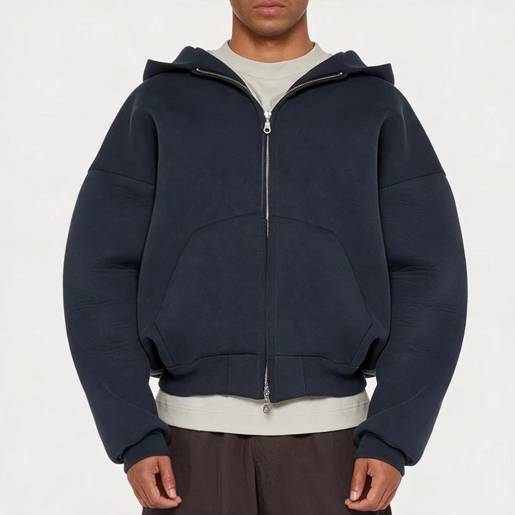QIANSHI Custom 500 Gsm Oversized Boxy Double Zipper Hoodies 100% Cotton Heavyweight Fleece Cropped Men Full Zip up Hoodie
