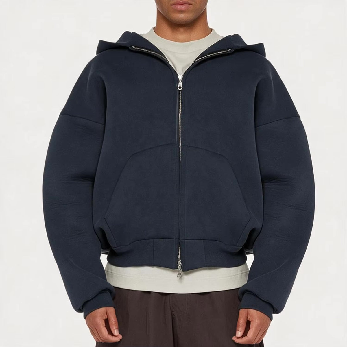 QIANSHI Custom 500 Gsm Oversized Boxy Double Zipper Hoodies 100% Cotton Heavyweight Fleece Cropped Men Full Zip up Hoodie
