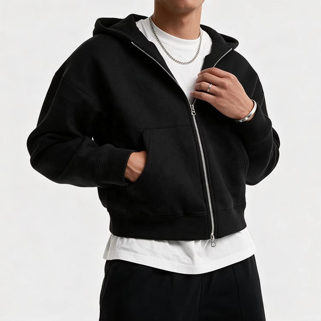 QIANSHI Vintage Oversized Blank Hoodies 100% Cotton Fleece Heavyweight Boxy Zipup Hoodie Streetwear Men Cropped Zip up Hoodie